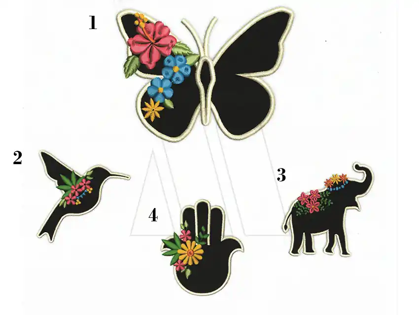 APLIQUE BORDADO TERMOAD SILUETA NEGRA C/FLORES X 2U