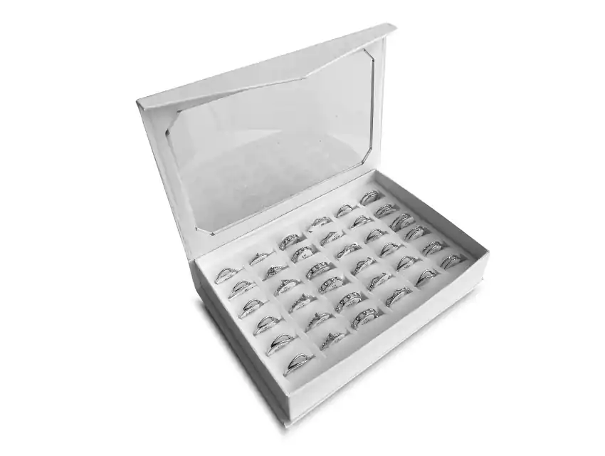 CAJA EXHIBIDORA DE ANILLOS CON STRASS ACERO QUIRURGICO X 36UN SURTIDAS