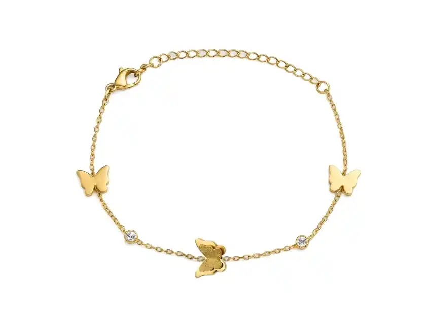 PULSERA ACERO QUIRURGICO DORADO MARIPOSA C/ STRASS REGULABLE 23CM