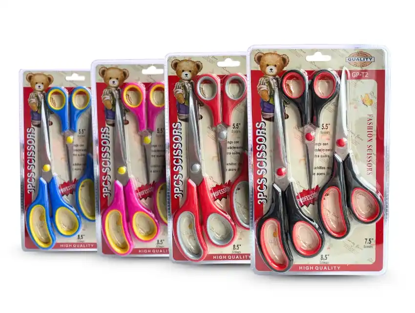 SET DE 3 TIJERAS ACERO C/MANGO PLASTICO 