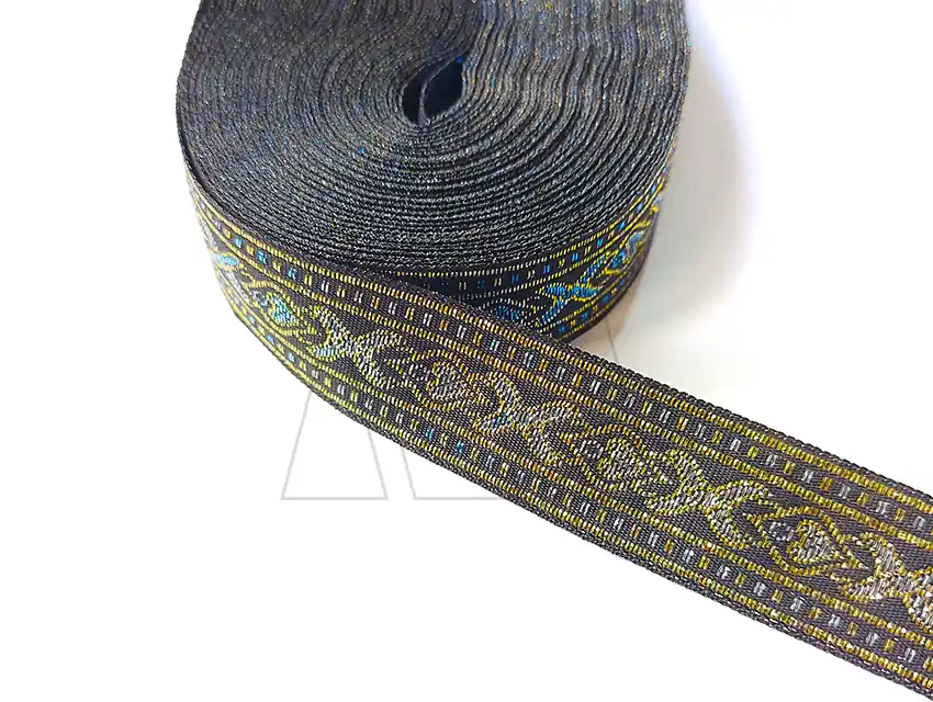 GALON TEJIDO C/LUREX DORADO CORAZONES AZULES 20MM X 25YDS APROX 9767