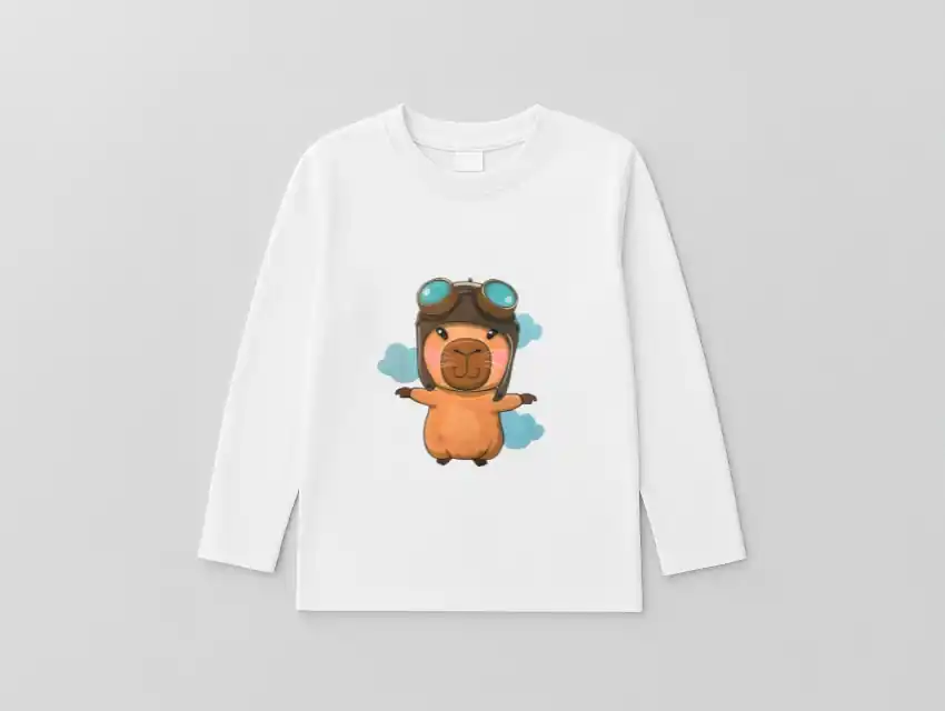 REMERA MANGAS LARGAS BLANCA ALGODON ESTAMPADA CAPIBARA AVIADOR TALLE 4 AL 12 