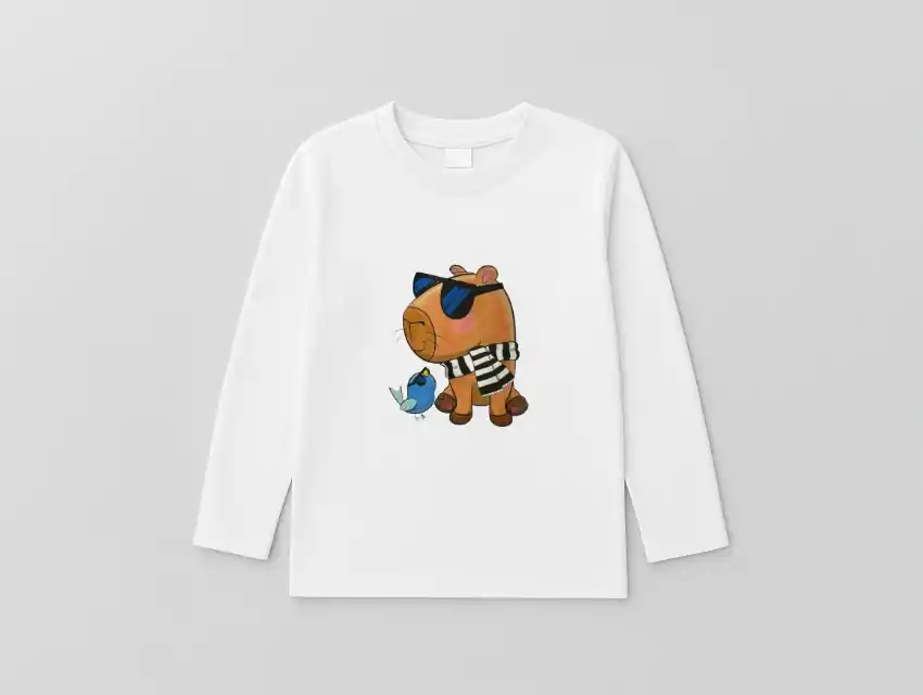 REMERA MANGAS LARGAS BLANCA ALGODON ESTAMPADA CAPIBARA GAFAS TALLE 4 AL 12 