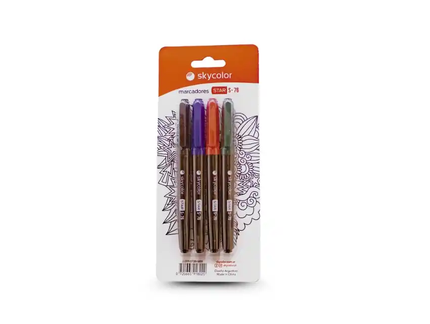 MARCADOR FIBRA PERMANENTE SKYCOLOR STAR S-76 FINO X 4UN COLORES SURTIDOS
