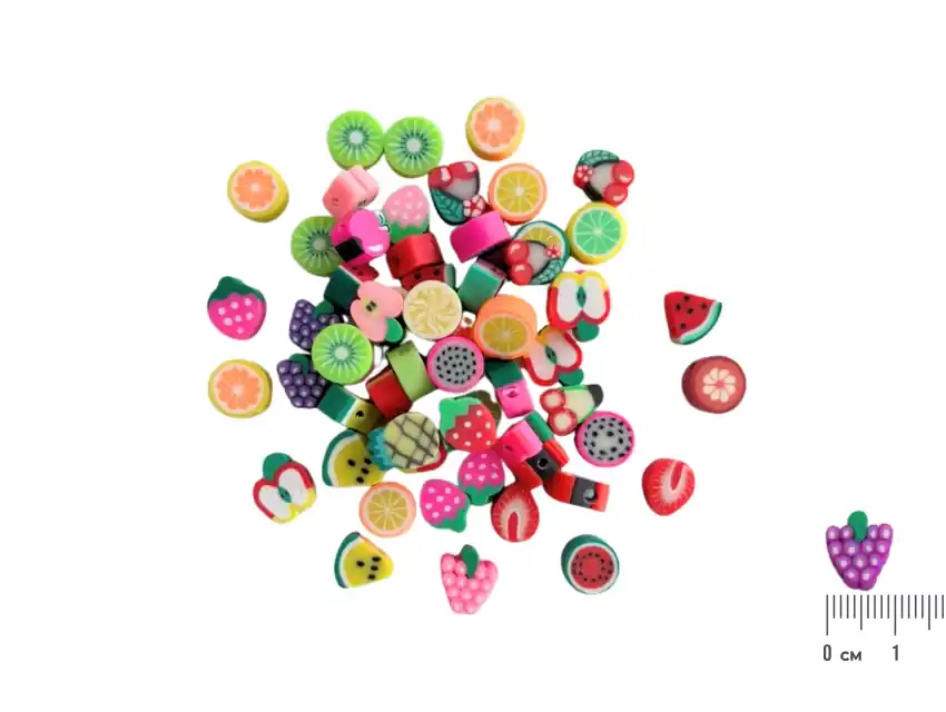 CUENTAS DE FIMO FRUTAS 10MM X 20GRS (52UN APROX)